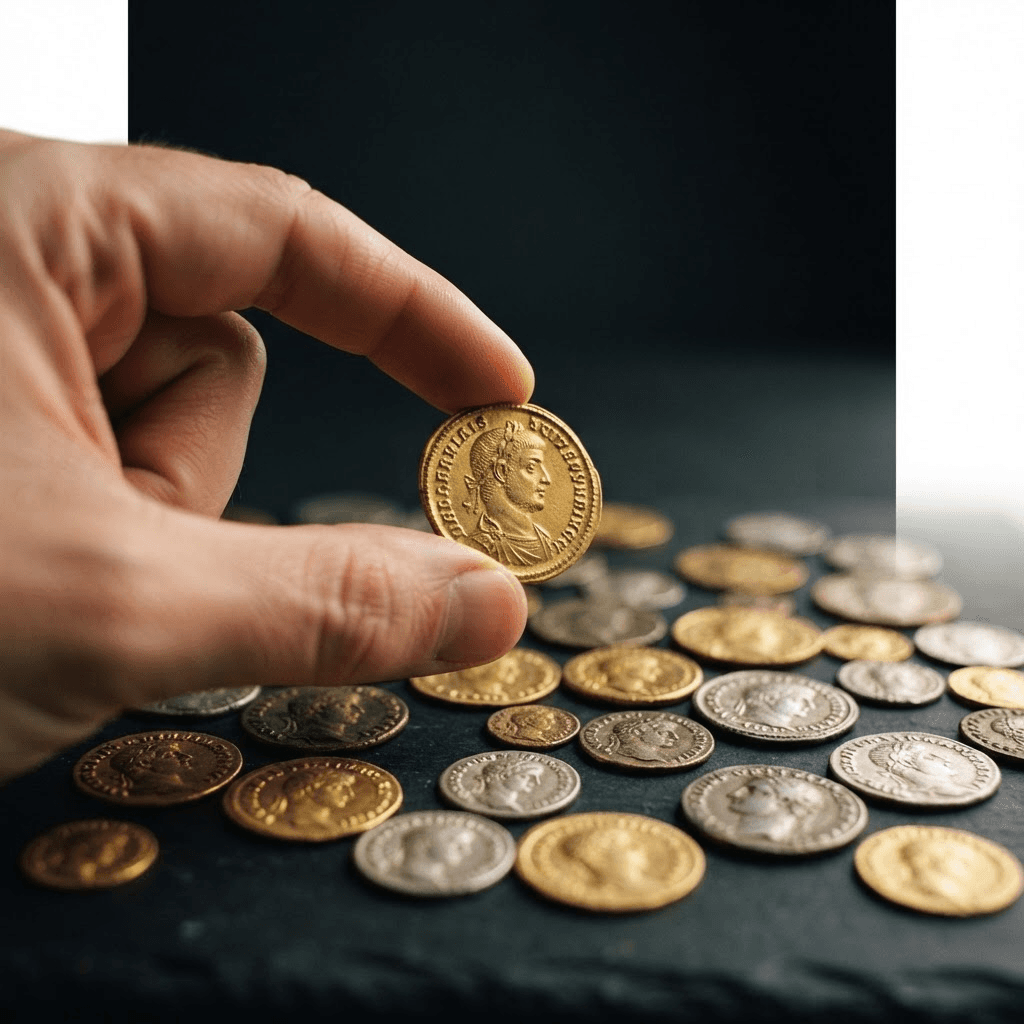 Gold- und Silbermünzen, kleine Goldbarren und antikes Silber auf dunkler Steinfläche
