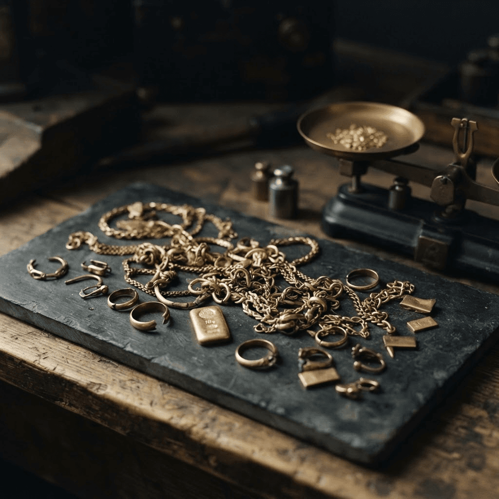 Goldschmuck, Bruchgold, Ketten und ein kleiner Goldbarren
