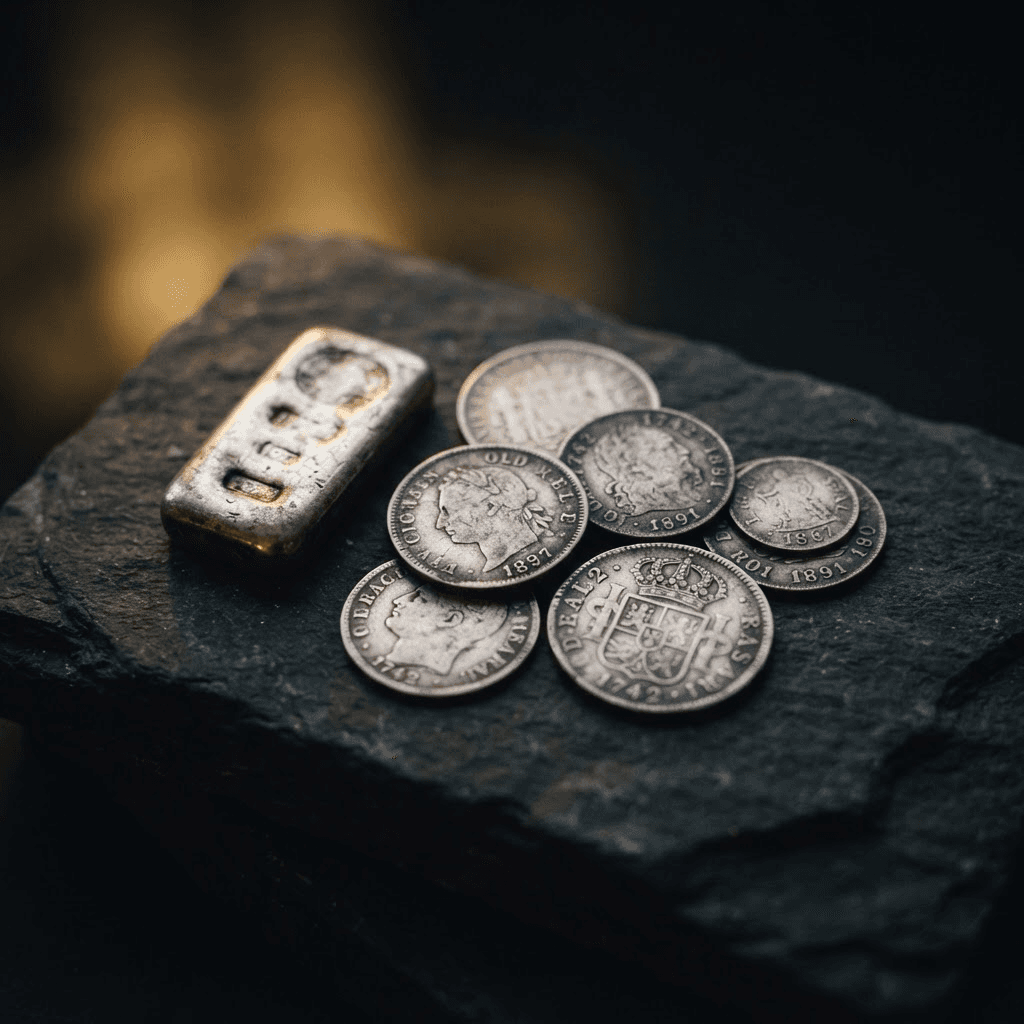 Antiker Silberschmuck, Silberbarren und Silbermünzen