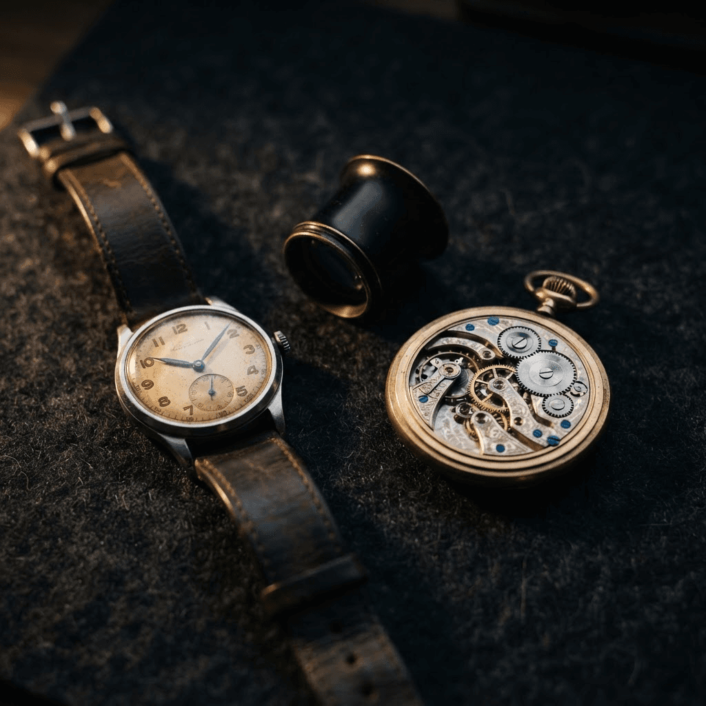 Vintage-Armbanduhren und eine antike goldene Taschenuhr